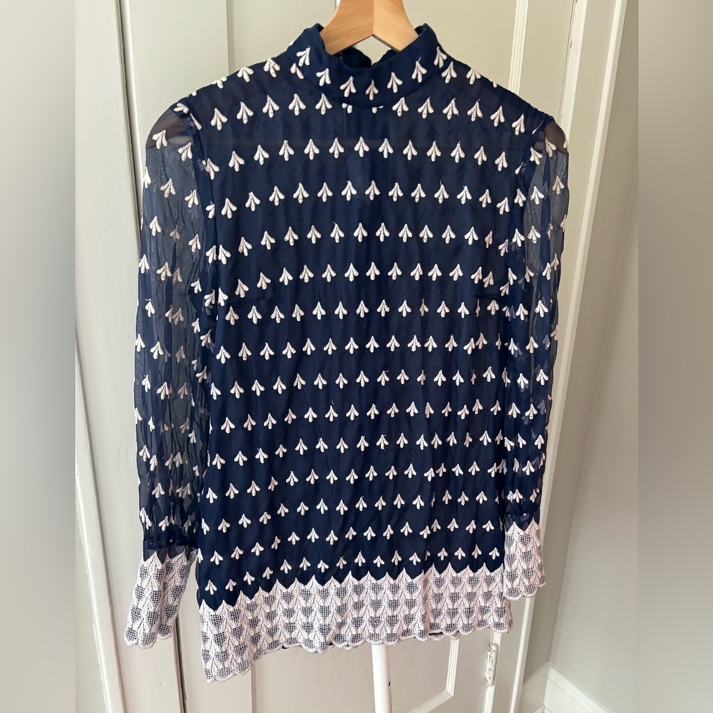 Vintage Leslie J Long-Sleeve navy Sheer Mock Neck Blouse with white embroidery